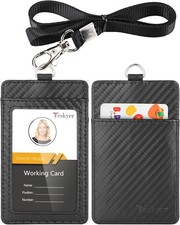 Leather ID Badge Holder with Lanyard Vertical Card Holder Clear Window Carbon