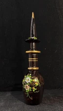 Vintage Hand Painted Glass Decanter Floral Enamel Gold Trim Bohemian Style