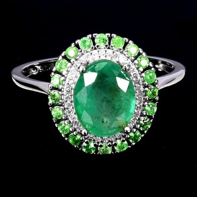 925 Sterling Silver Ring Oval Emerald 9x7mm Tsavorite Diamond 34pcs Gems Size 8