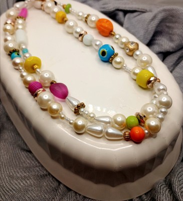 Bohemian Faux Pearl, Glass, And Acrylic Beaded Necklace  Artisan Made