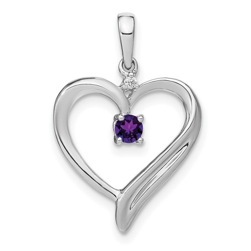14k White Gold Amethyst and Diamond Heart Pendant Perfect Gift for Her