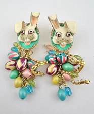Vtg LUNCH AT THE RITZ Rhinestone Easter Bunny Enamel Eggs Post Dangle Earrings