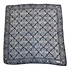 Vintage Silk Satin Scarf Navy Blue Ivy Bloom Hand Rolled Edge Made In Japan