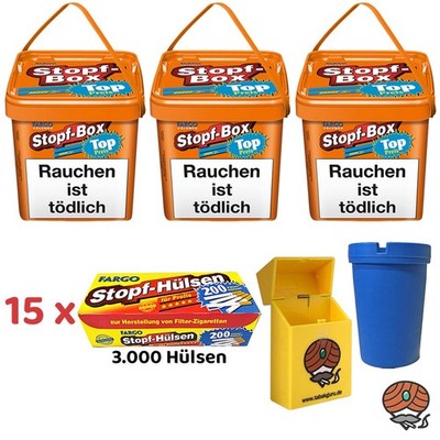 Fargo Stopf-Box Stopftabak / Volumentabak 3x 400g Eimer + Fargo Hülsen + Zubehör