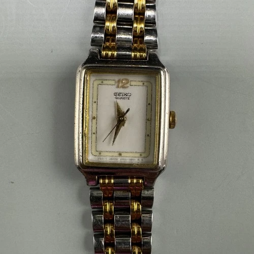 Vintage Seiko Watch Women Silver Gold Two Tone Rectangle Dial New Battery 7.75"