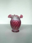 Vintage Fenton Cranberry Spiral Optic Opalescent Hobnail Double Crimped Vase