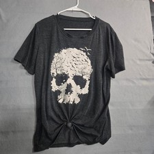Camiseta gris carbón calavera pájaro árbol gráfico manga corta nudo delantero para mujer L