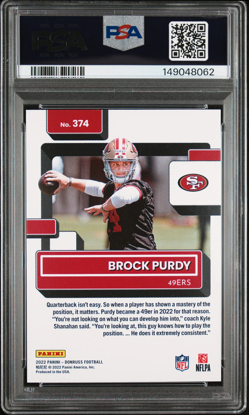 2022 Panini Donruss Brock Purdy #374 PSA 9 view 2