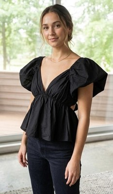 Day + Moon Blouse Womens Small Cotton Poplin Preppy Glam Minimal Babydoll Tie