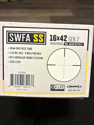 SWFA SS 16x42 Gen 2 30mm Mil-Quad Zero Stop. Comes with discovery op 7075 rings.