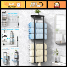 Wall Mounted Towel Rack - Vertical Rolled Towel Organizer with Shelf, Holds 6 Ba