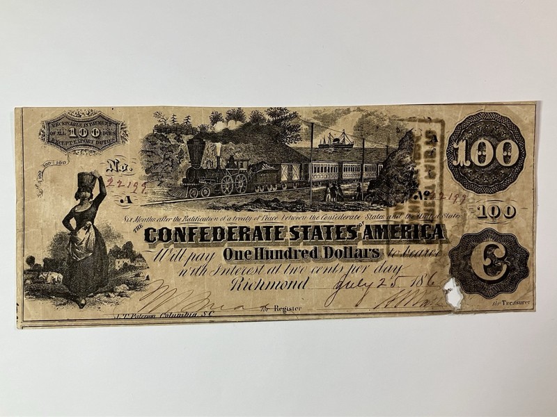 1862 - Confederate $ 100 Dollar Currency - Known as the "TRAIN NOTE"