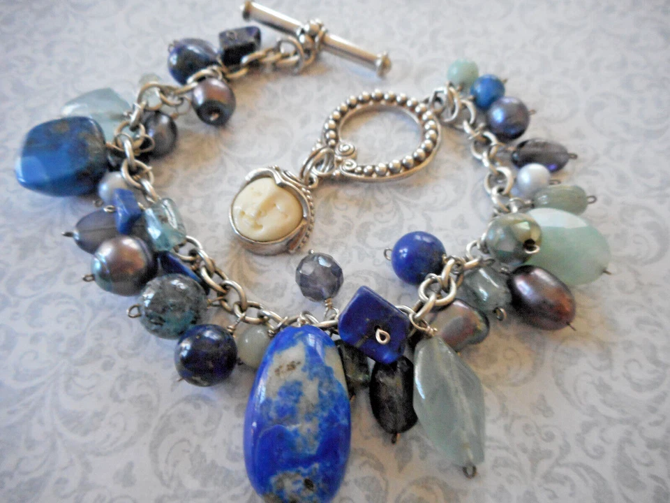 Sterling Oxidized Silver Sajen Moonface Lapis Pearl Quartz  Bracelet   Z5918 - Image 4 of 4