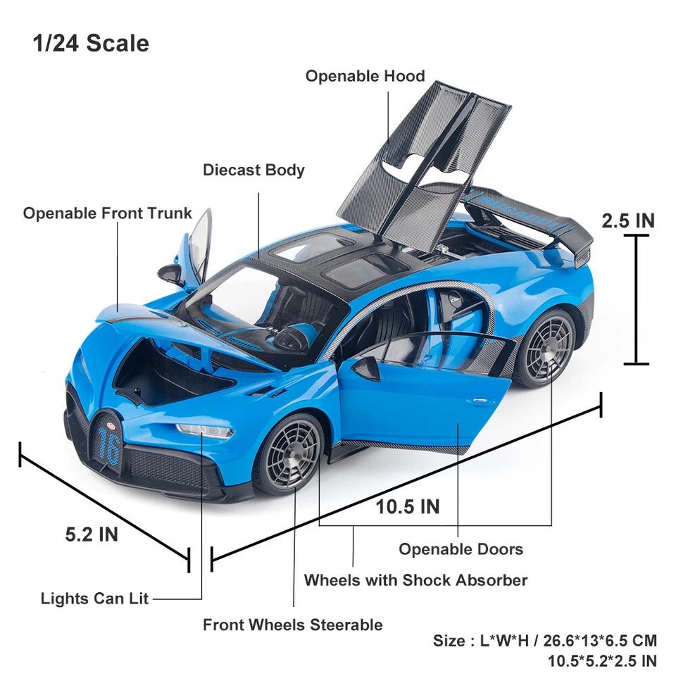 1:18 Diecast Vehicle for Bugatti Chiron Super Car Model Car Toy Sound Light Gift - Image 2 of 4
