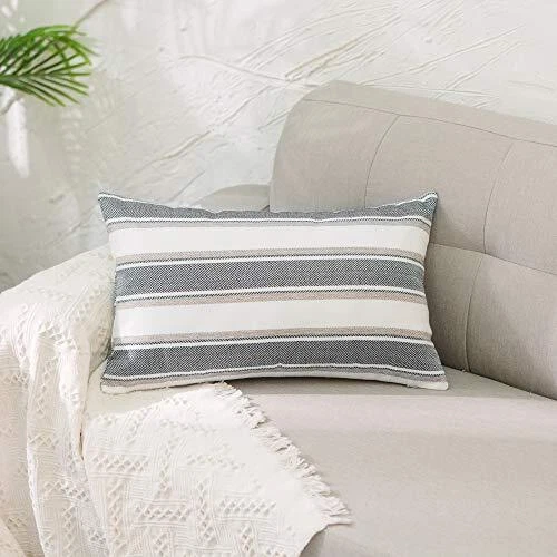 2 Packs, Stripe Pillow Case Soft Linen Rectangle 12“ x 20”,Set of 2 Black-white - Image 2 of 4