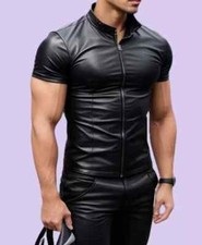 Genuine Lambskin Leather Men T-shirt Zipper Summer Handmade Stylish Casual Wear