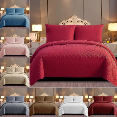 3 Piece Quilted Embossed Bedspread Bedding Set Single Double King Size Bed Throw