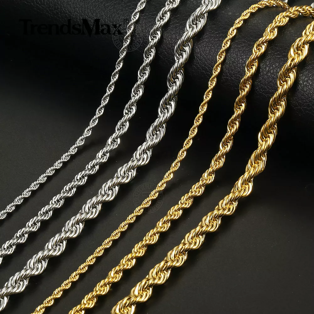 Mens Silver-Tone Stainless Steel Rope Link Chain Necklace