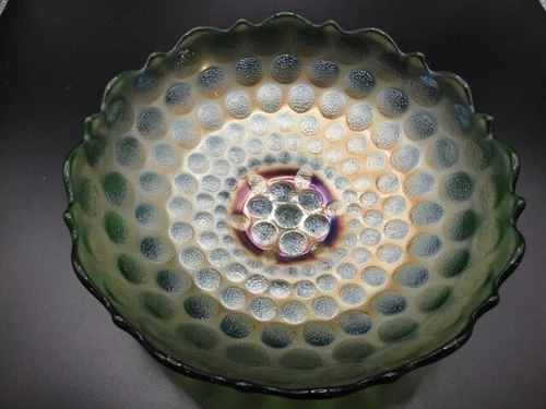 Fenton iridescent Green Stippled Coin Dot Carnival Glass Bowl