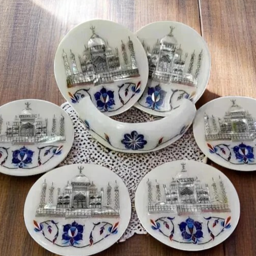 4" Handmade White Marble Coaster Set with Holder – 6-Piece Inlay Floral Art Deco - Picture 4 of 7