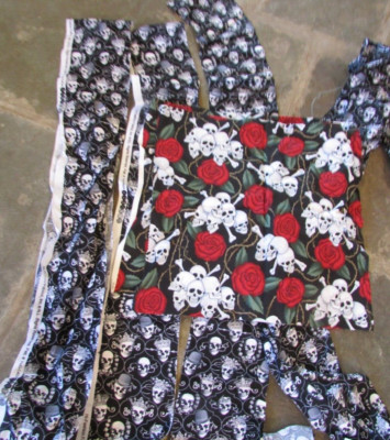 sewing general  fabric SKULLS RED ROSES BLACK SQUARE STRIPS
