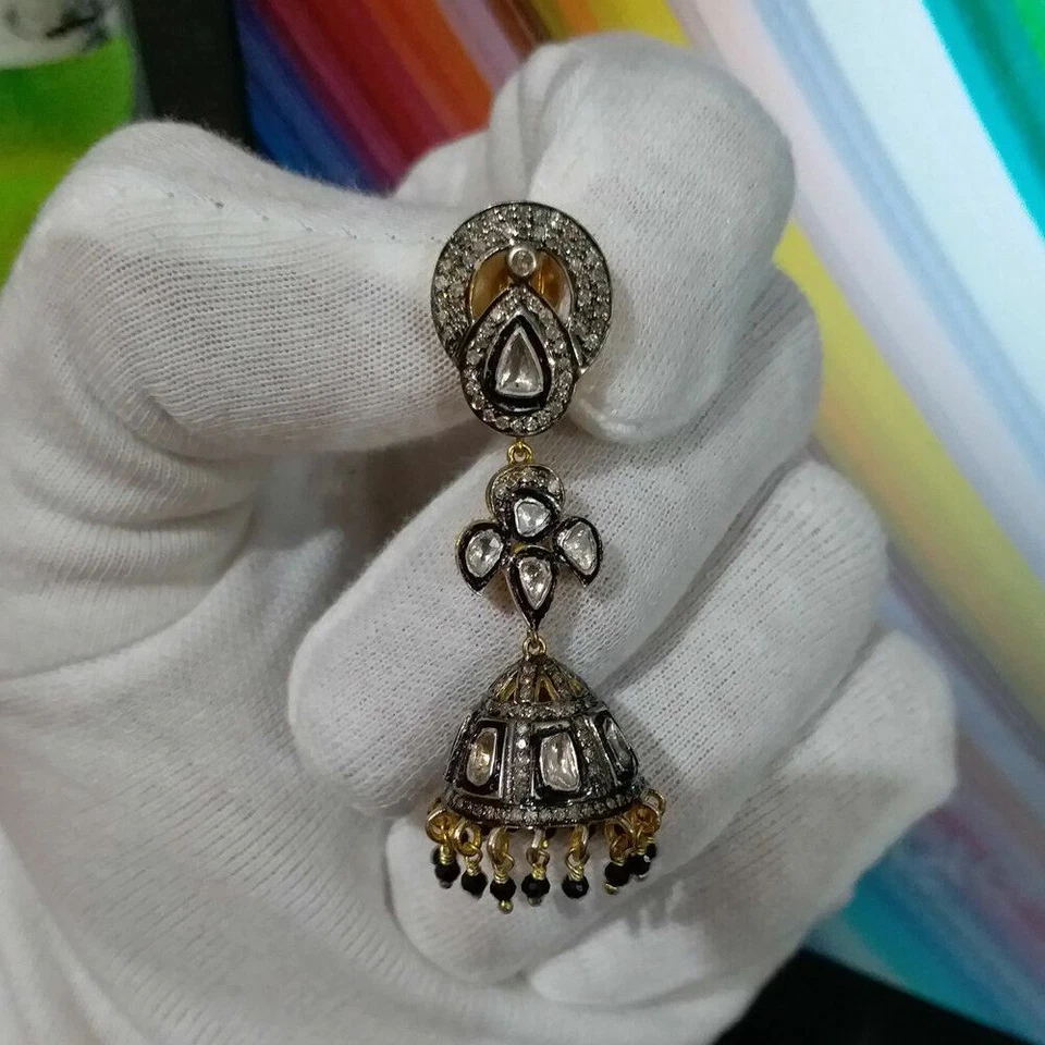 Natural Polki Pave Diamond Earrings 14K Gold Handmade Silver Jewelry Earring - Image 2 of 4