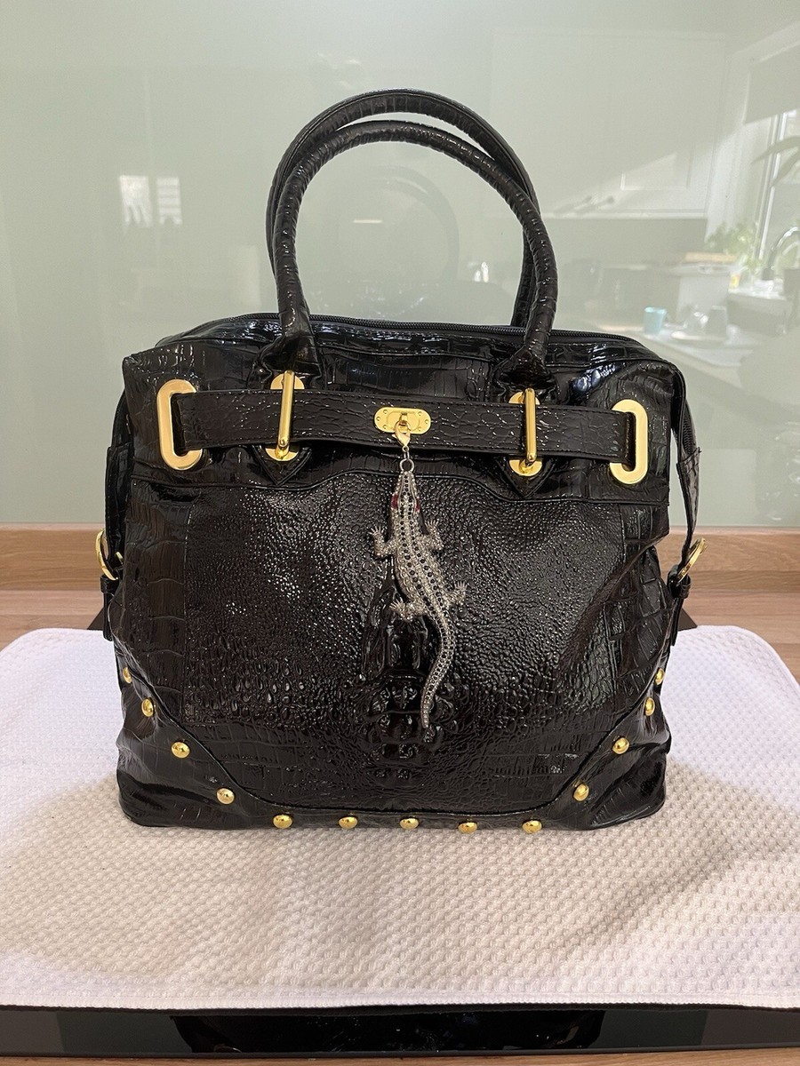 Lrg Butler Wilson Vintage Black Gold Crocodile Bag, Swarovski Crystal  Charm