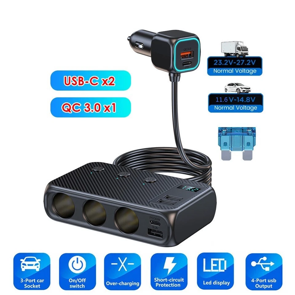 Adaptador de cargador rápido enchufe USB C 9 en 1 multi encendedor de cigarrillos para automóvil Foto 3 de 4