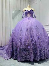 Lilac Quinceanera Dress Off Shoulder Lace 3D Flower Sweep Train Ball Dress