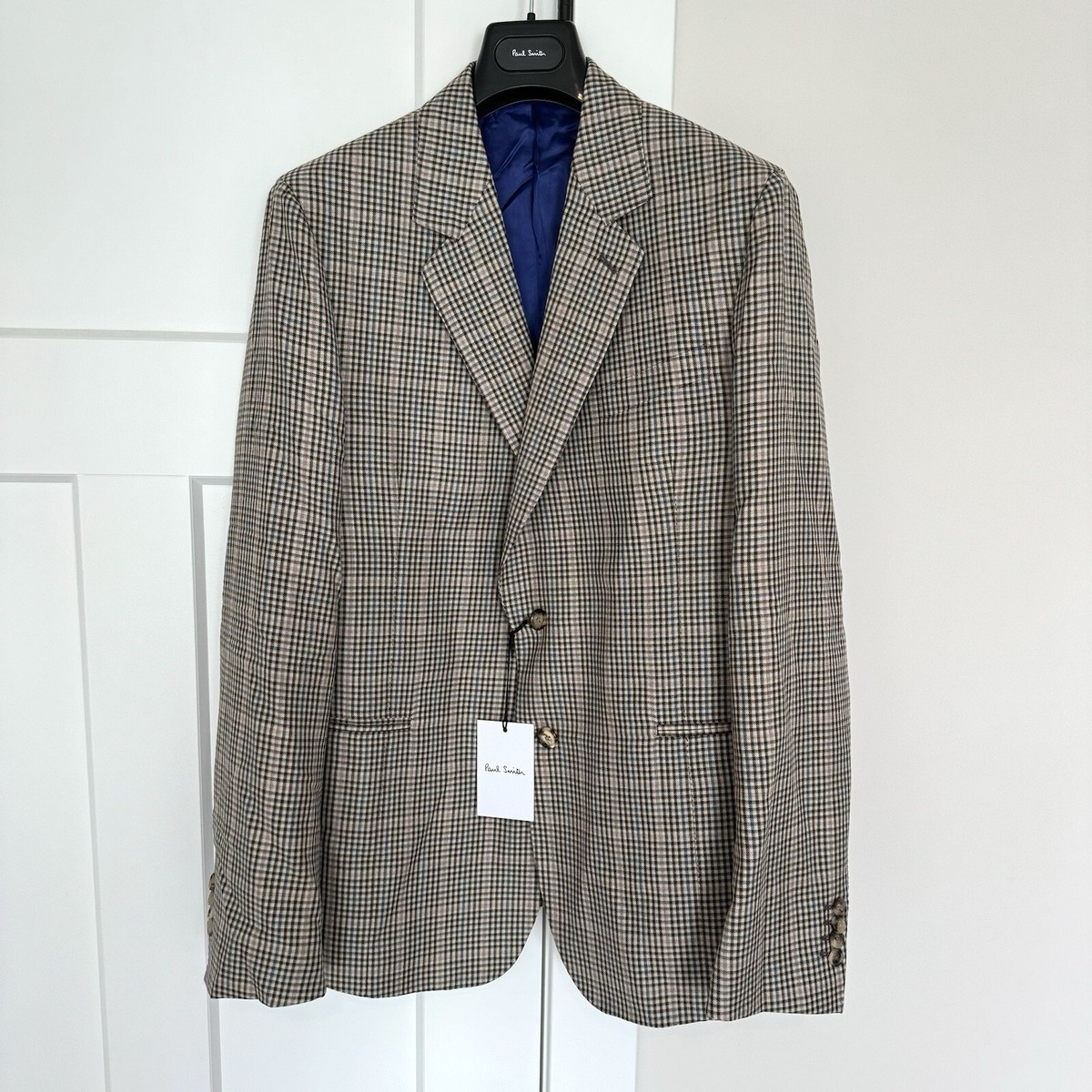 Paul Smith Wool Silk Beige Brown Blue Gingham Check Blazer 44R NEW