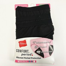 Hanes Comfort Period. Bikini Underwear Moderate Leaks 3 Pack Size 9 2XL Black