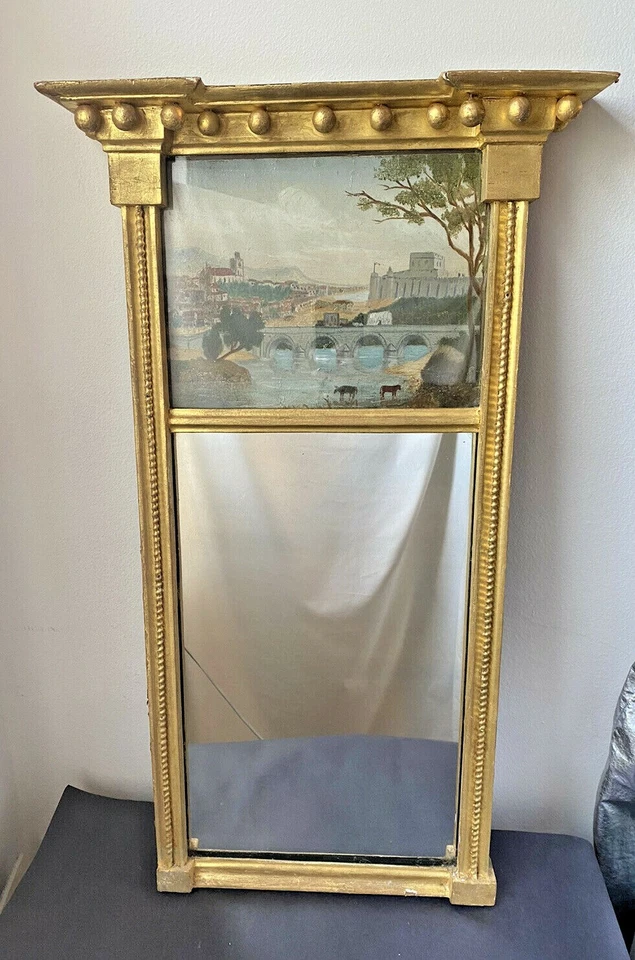 Antiguo espejo Trumeau de madera dorada Regencia con pintura al óleo paisaje siglo XIX Foto 2 de 4