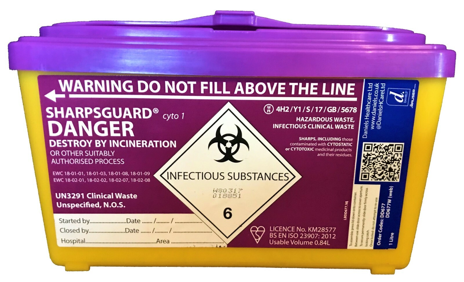 Daniels SHARPSGUARD® Purple cyto 1 litre Sharps Bin Container Needle