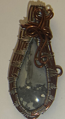 Necklace Pendant Agate Stone Gray Black wrapped w/ Copper & Silver Wire