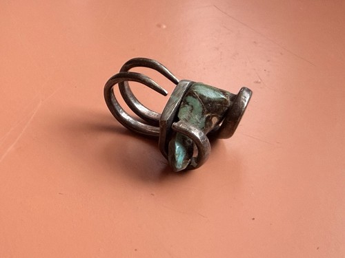 Sterling Ring Fork Curled Raw Turquoise Size 6 Handmade