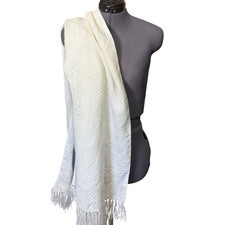 Peruvian Alpaca Blend Wrap Shawl Ivory Fringe Scarf Textured Boho 61" x 21"