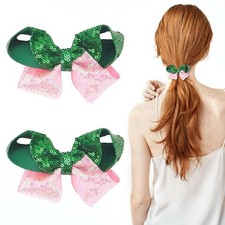 2 PCS Wizard Witch Hair Bows Glitter Pink Green Sequin Hair Clips Magical Cry...