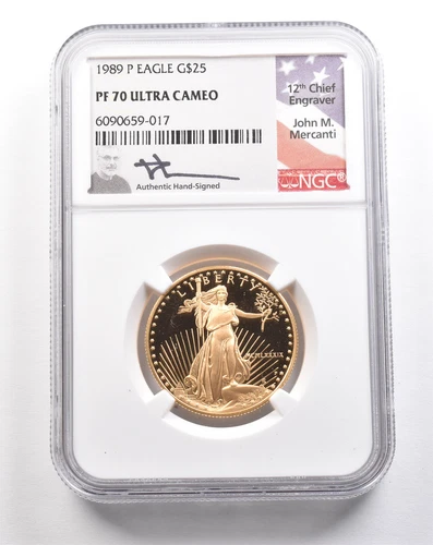 1989-P $25 American Gold Eagle Mercanti 1/2 Oz Gold PF70 UCAM NGC *5440