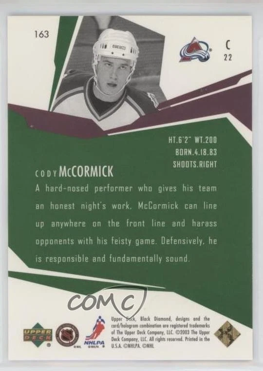 2003-04 Upper Deck Black Diamond Gems Color Green /100 Cody McCormick Rookie RC - Image 2 of 2