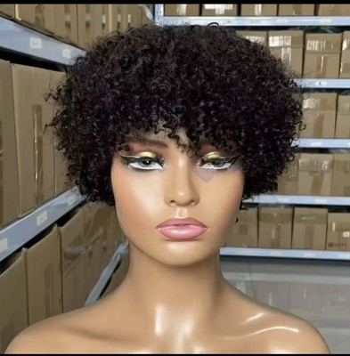 Women Remy Human Hair Wig Short Pixie Curly Cut Black High-Density Wig No Lace 