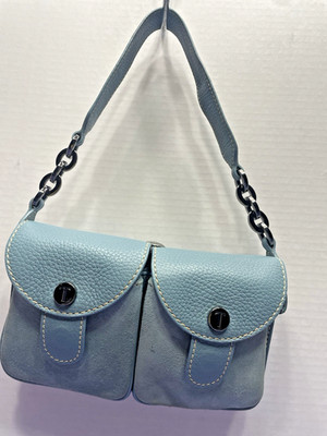 Tod's small  sky blue pebbled leather bag double outside pockets Made in Italy