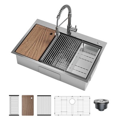 Kitchen Sink 33X22X9'' Drop-in Stainless Steel Single Bowl Top Mount Workstation