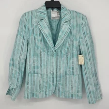 BASLER Fine Feathers Turquoise Stripe Floral Print Blazer Jacket Size 6