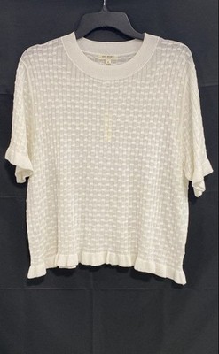 Max Studio Women's Ivory Textured Knit Ruffle Hem Short Sleeve Blouse NWT L