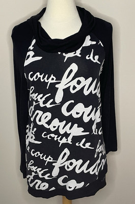 Chico's Zenergy Women 1- Medium Top Tunic Black Cowl Neck French Script Print
