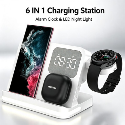 Multi-function 6 in 1 Wireless Charger Dock Station with LED Light Alarm Clock