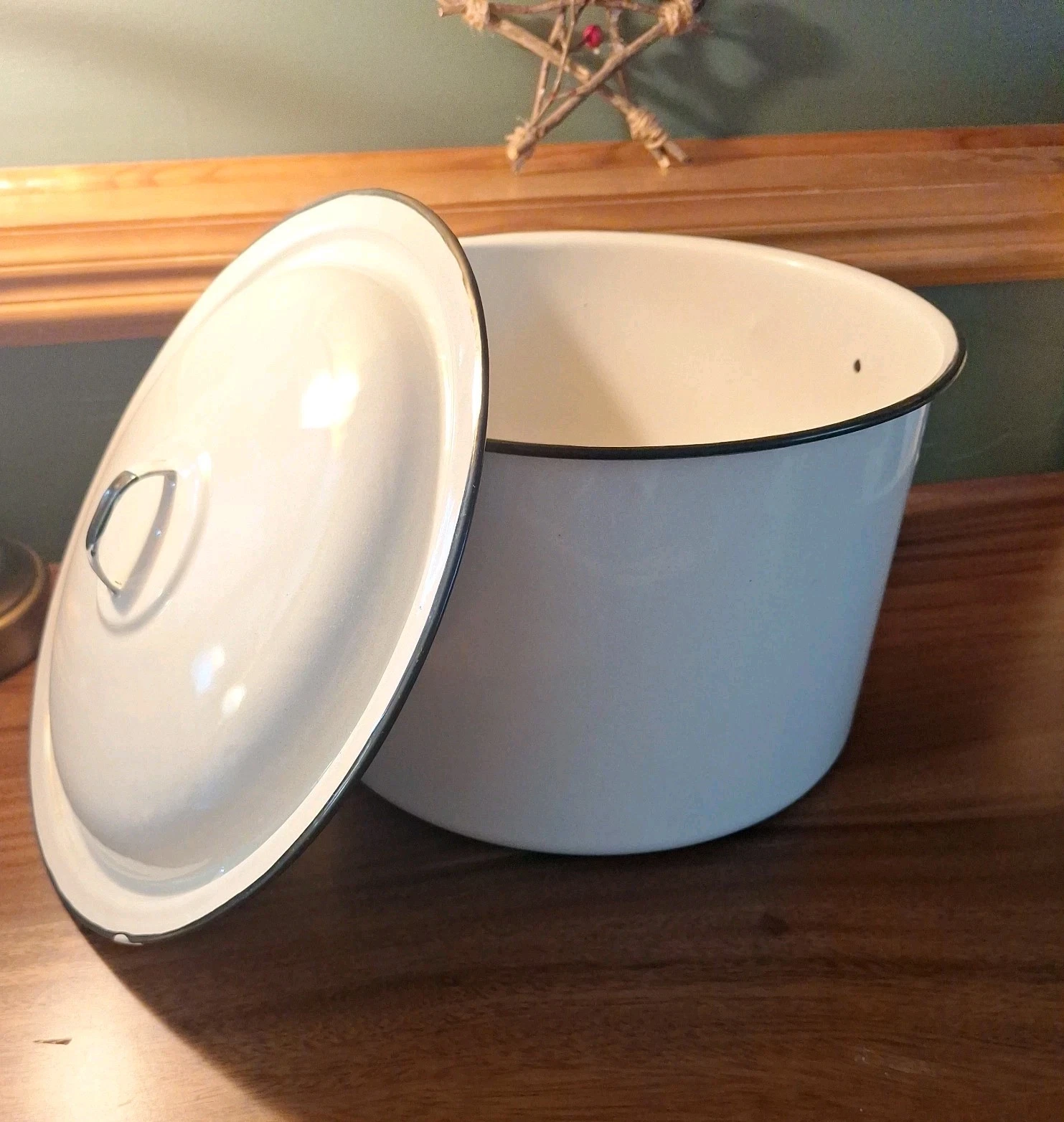 Vintage Enamel Ware Large White Chamber Pot with Lid ▪︎ Farmhouse Kitchen Decor