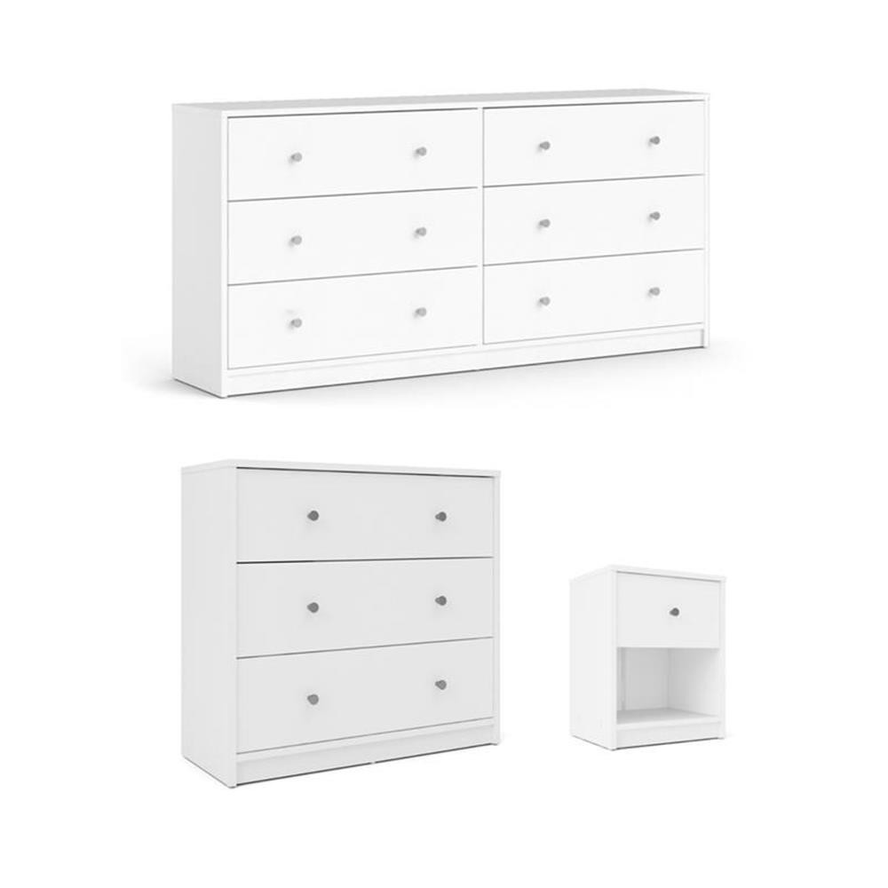 Pemberly Row Set of 3 Wood Double Dresser and Chest and Nightstand in White