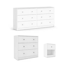 Pemberly Row Set of 3 Wood Double Dresser and Chest and Nightstand in White