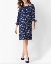 NWT Talbots Floral Print Scallop Neck Dress Size 12 Navy  Blue White